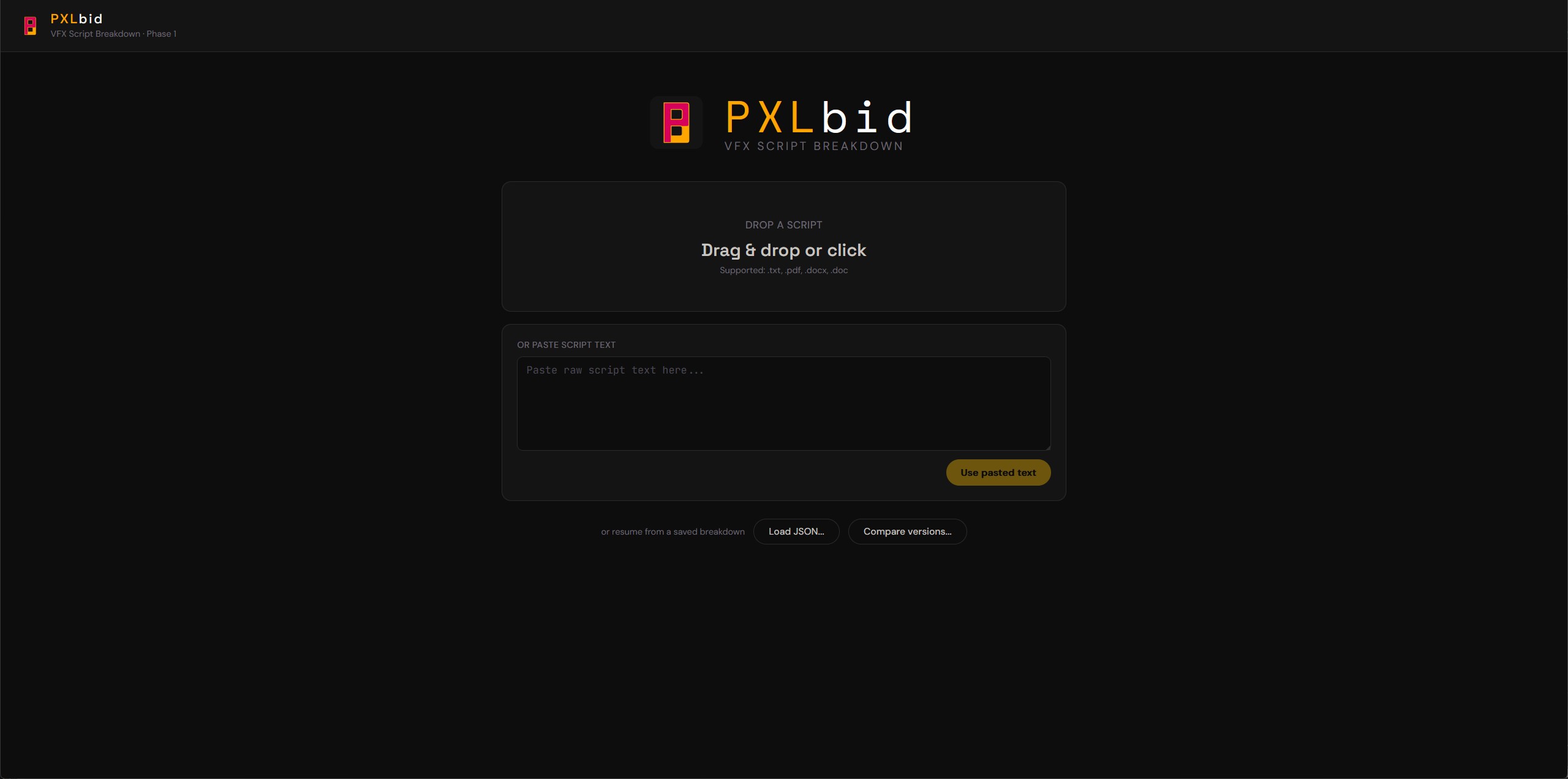 PXLbid landing screen, drag-and-drop a script to begin