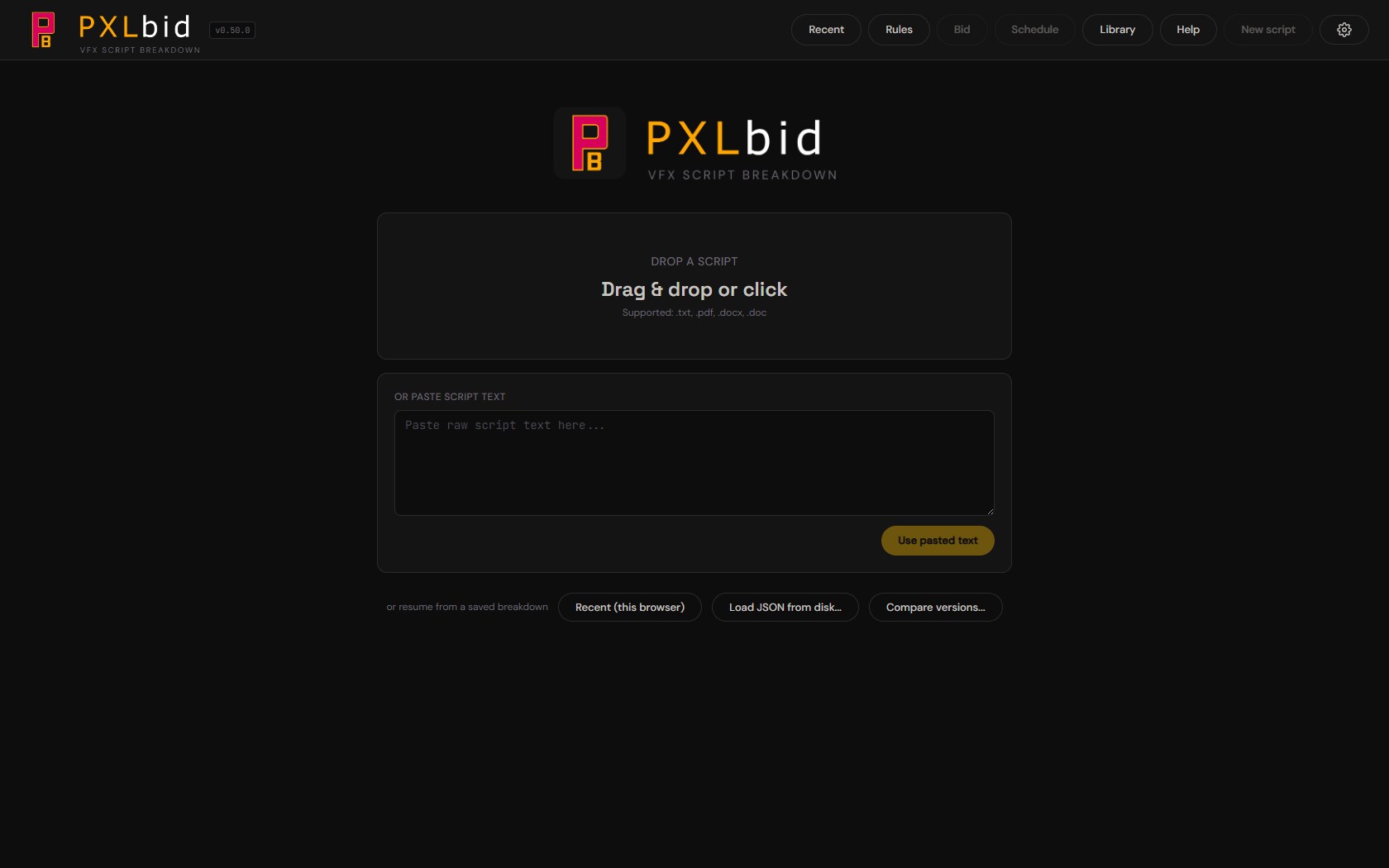 PXLbid landing screen, drag-and-drop a script to begin