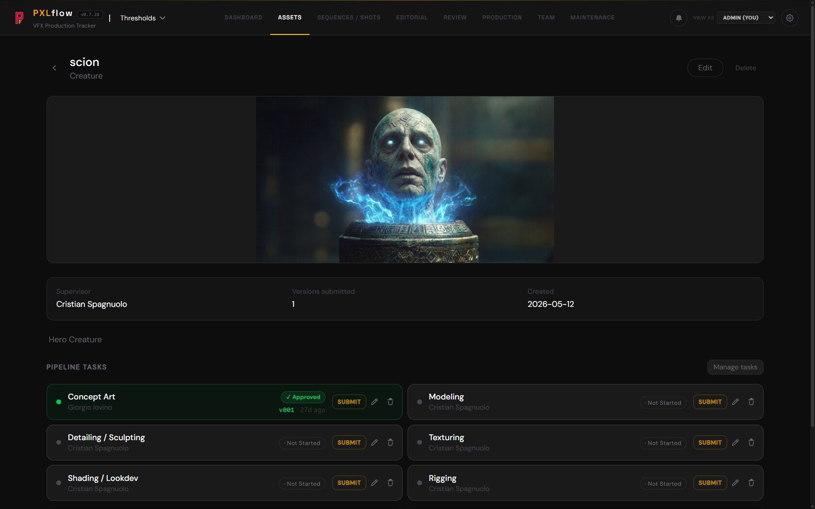 PXLflow asset detail with pipeline tasks and versions