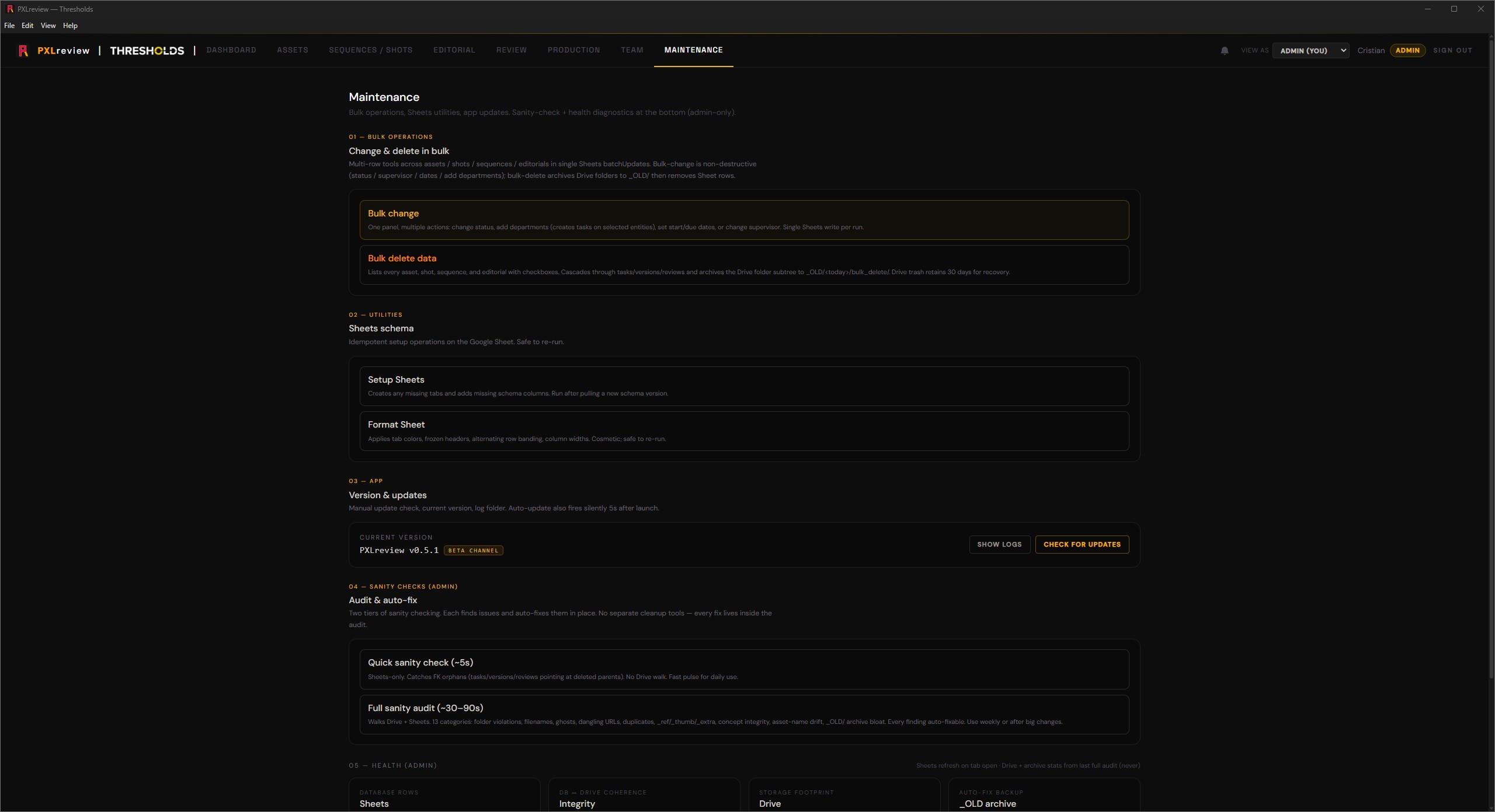 PXLflow maintenance view