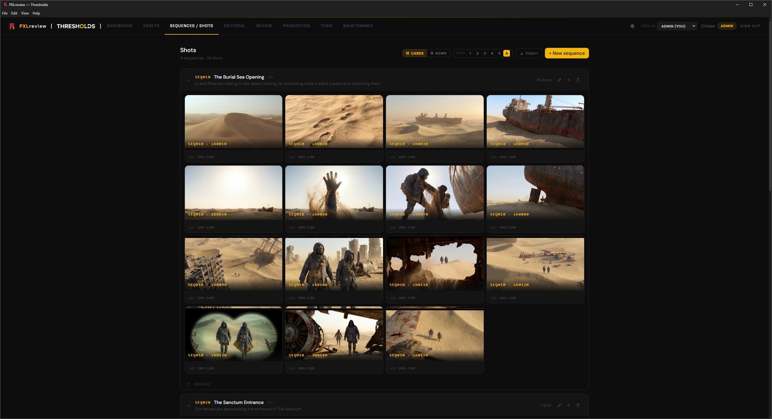 PXLflow shots view with thumbnails and task tracking