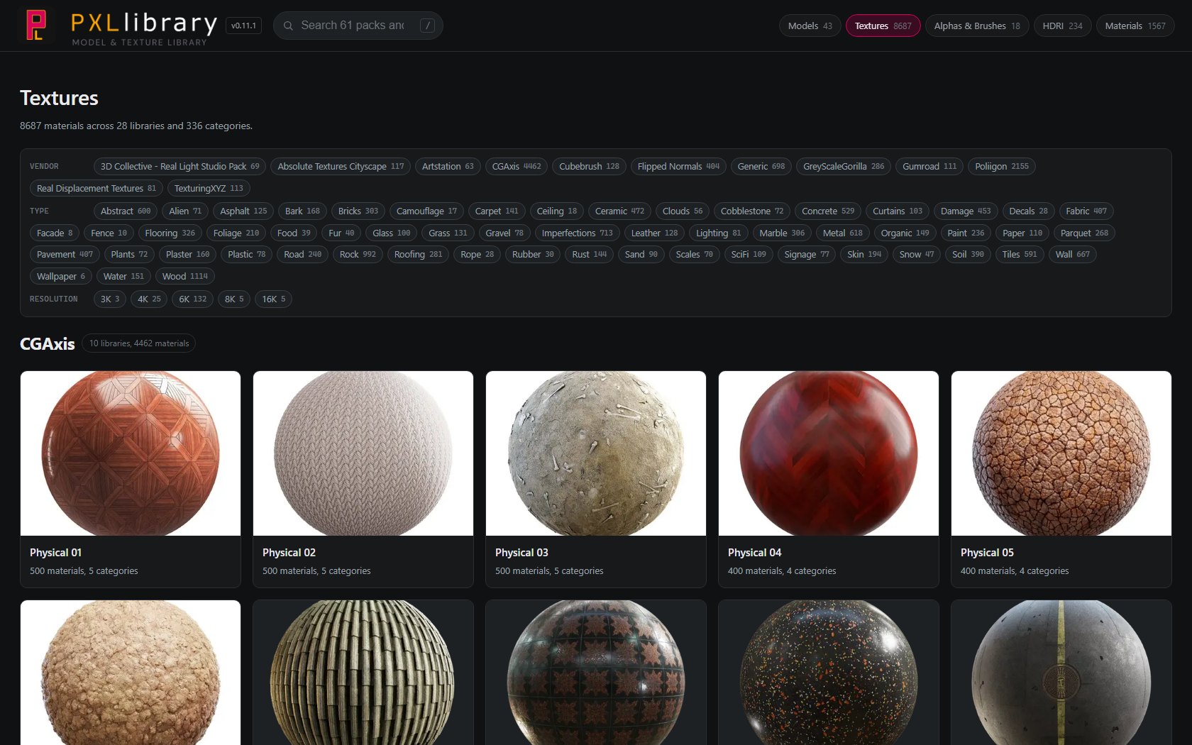 PXLlibrary textures view, 8,687 materials across 28 libraries