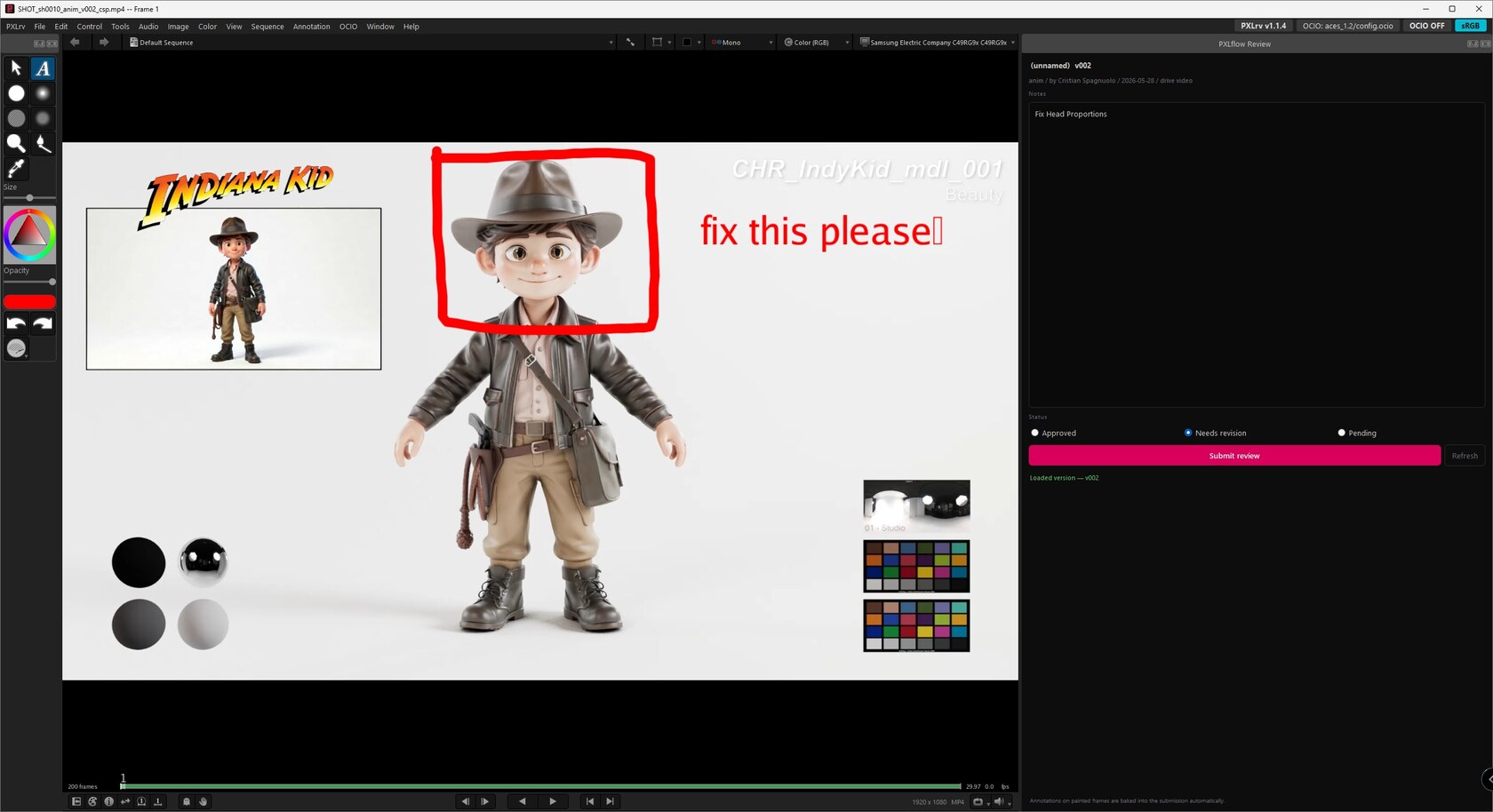 PXLrv review player with the PXLflow notes panel docked