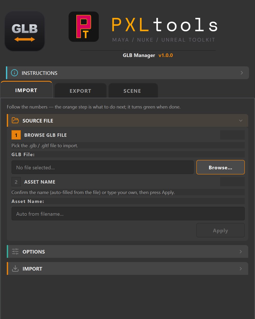 GLB Manager interface in Maya