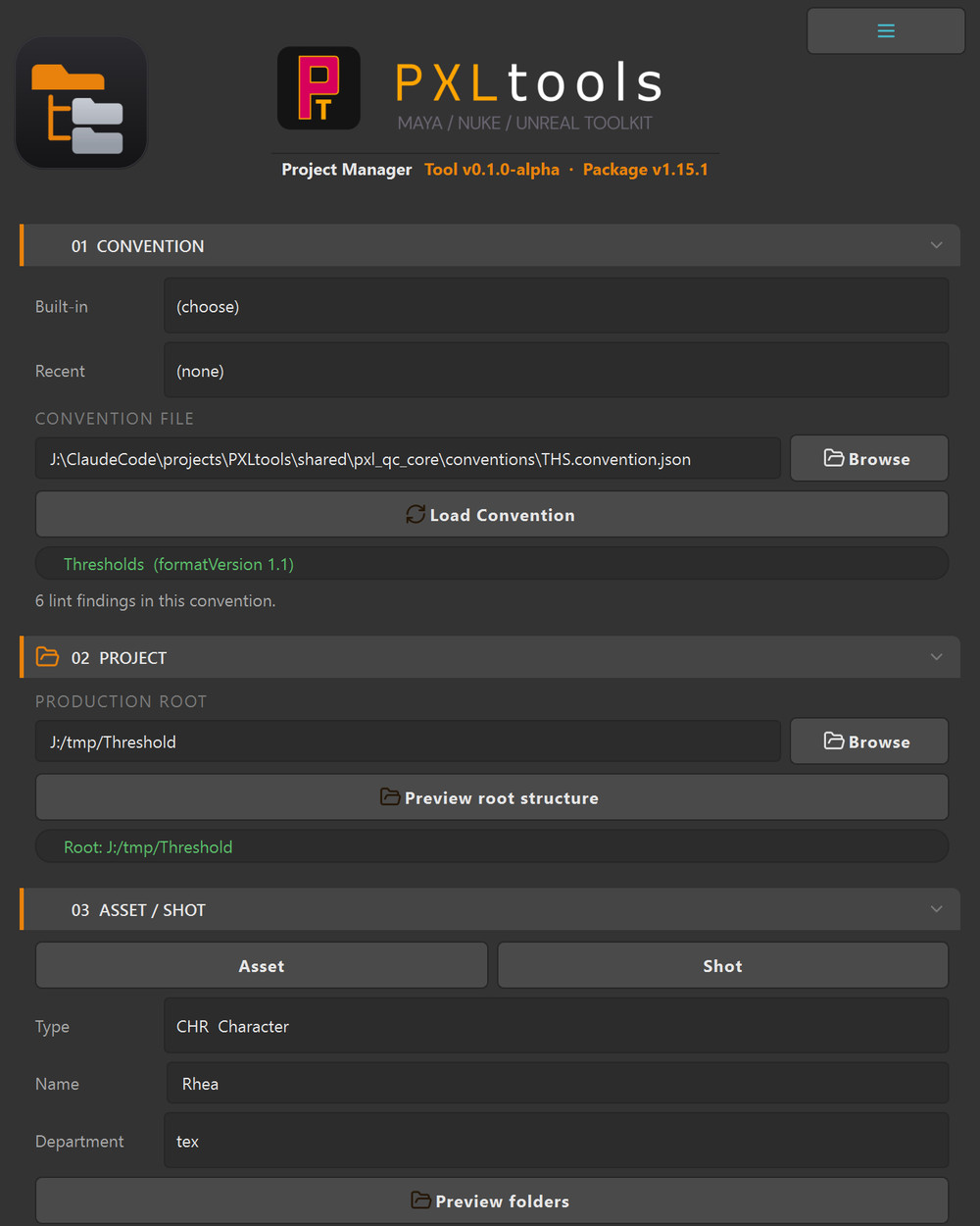 Project Manager interface in Maya, showing the Convention, Project and Asset sections with a Thresholds convention loaded