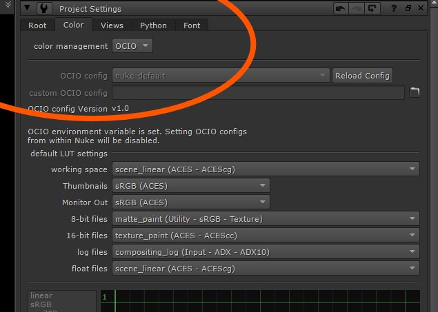 Nuke Project Settings Color tab showing color management set to OCIO, the OCIO environment variable note, and ACES working-space rows