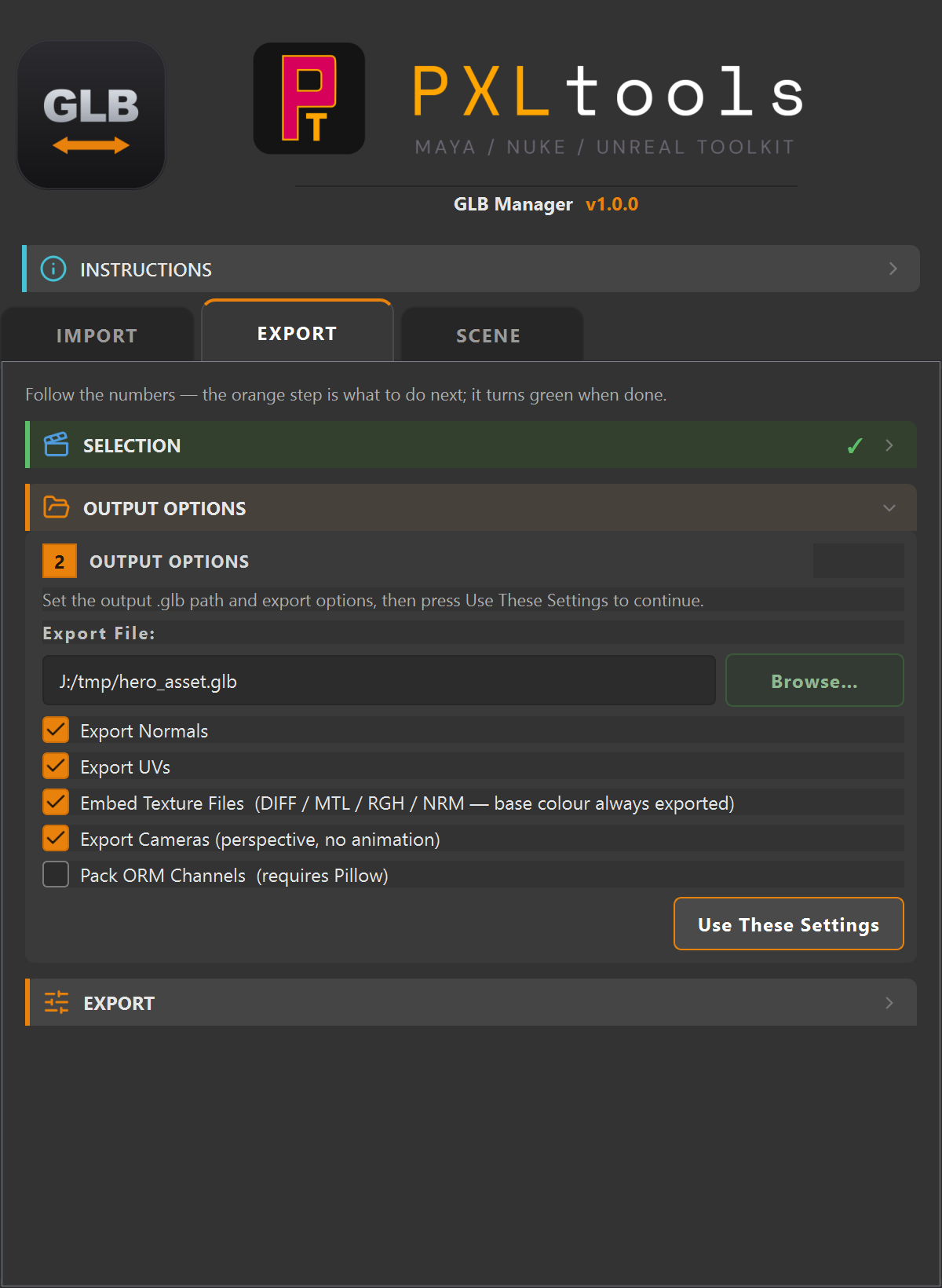 GLB Manager EXPORT tab: SELECTION done in green, OUTPUT OPTIONS active with an output .glb path, a green Browse button, and checkboxes for Export Normals, UVs, Embed Texture Files, Export Cameras and Pack ORM Channels