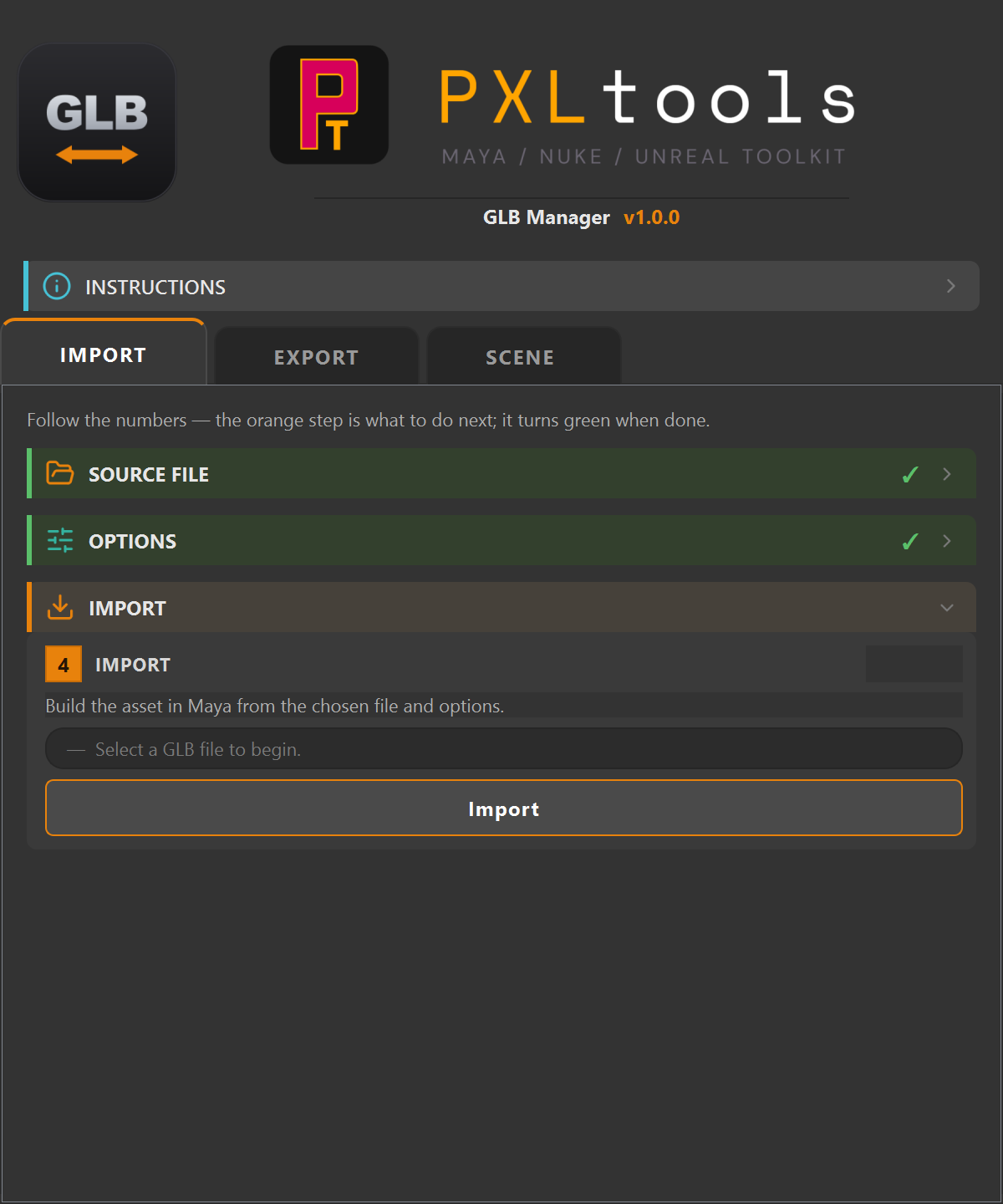 GLB Manager IMPORT tab with SOURCE FILE and OPTIONS sections collapsed and ticked green, and the IMPORT section open with step 4 active in orange and an Import button