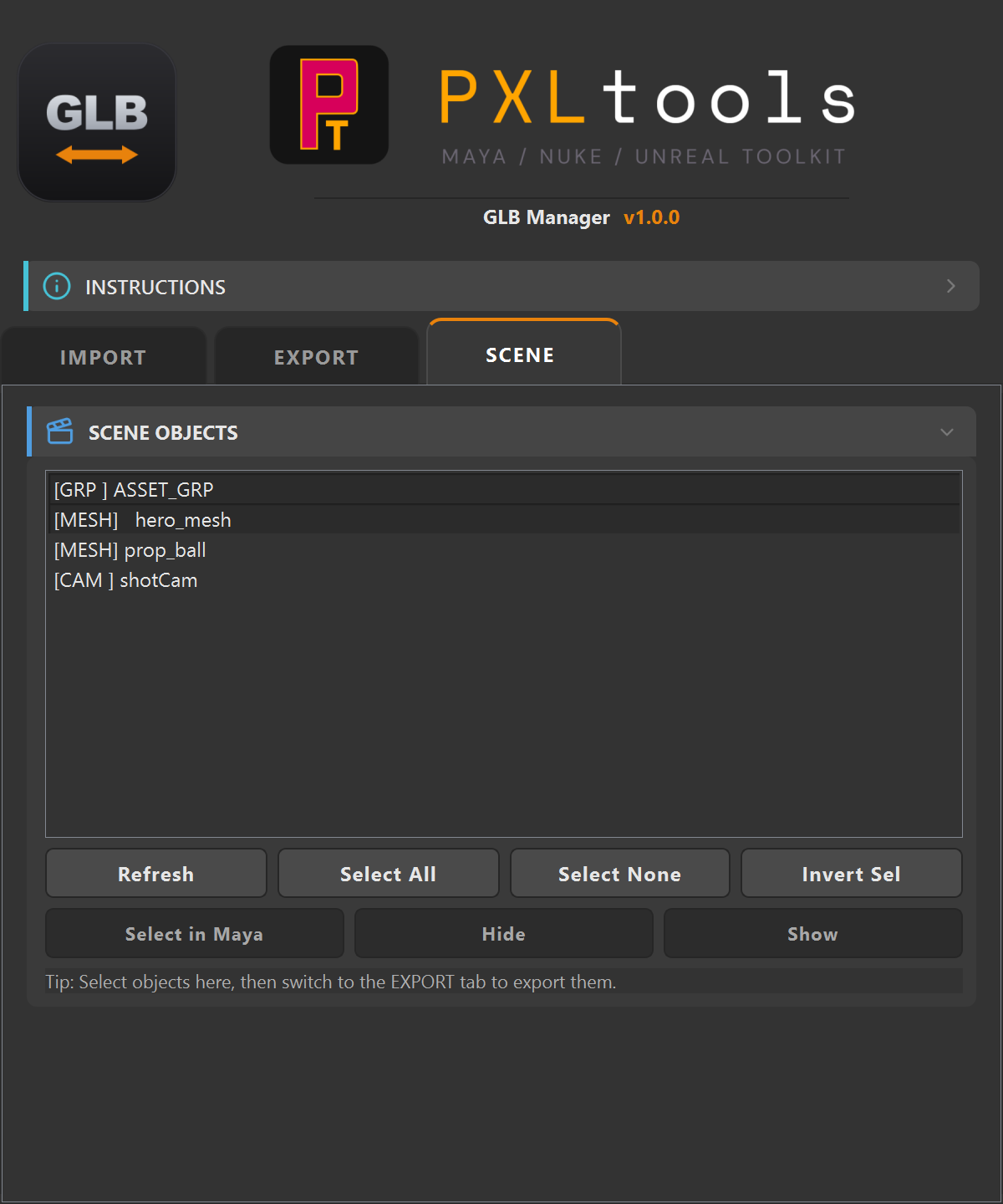 GLB Manager SCENE tab showing a hierarchy list with a group, two meshes and a camera, plus Refresh, Select All, Select None, Invert Sel, Select in Maya, Hide and Show buttons