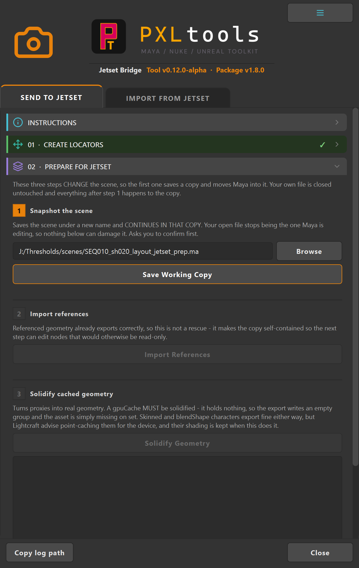 Jetset Bridge section 01 after Create Locators, step badges green, with a Locators already in the scene list and Select in Maya and Delete buttons below it