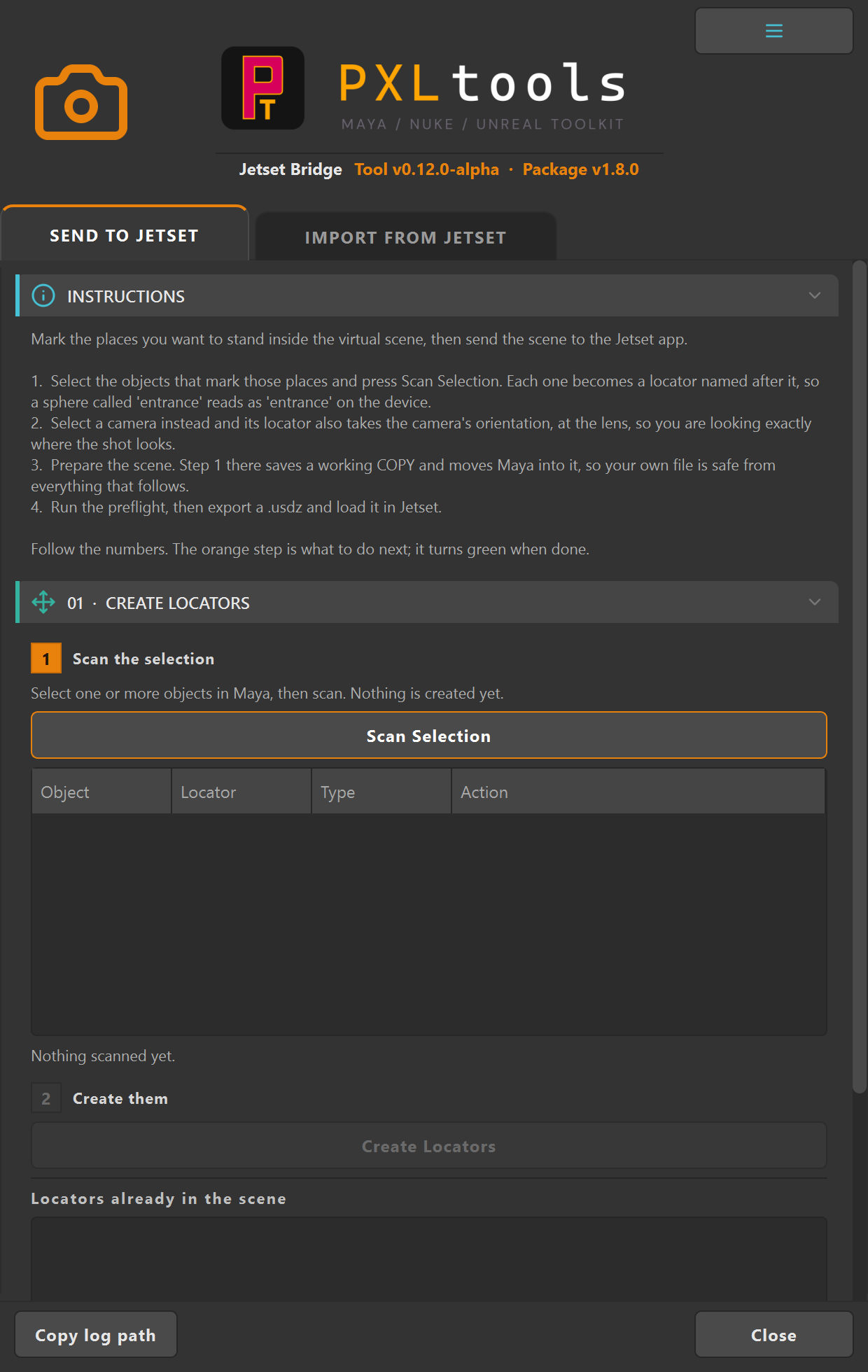Jetset Bridge panel at first launch in Maya, INSTRUCTIONS section open at the top with sections 01 Create Locators, 02 Prepare for Jetset and 03 Publish to Jetset below it
