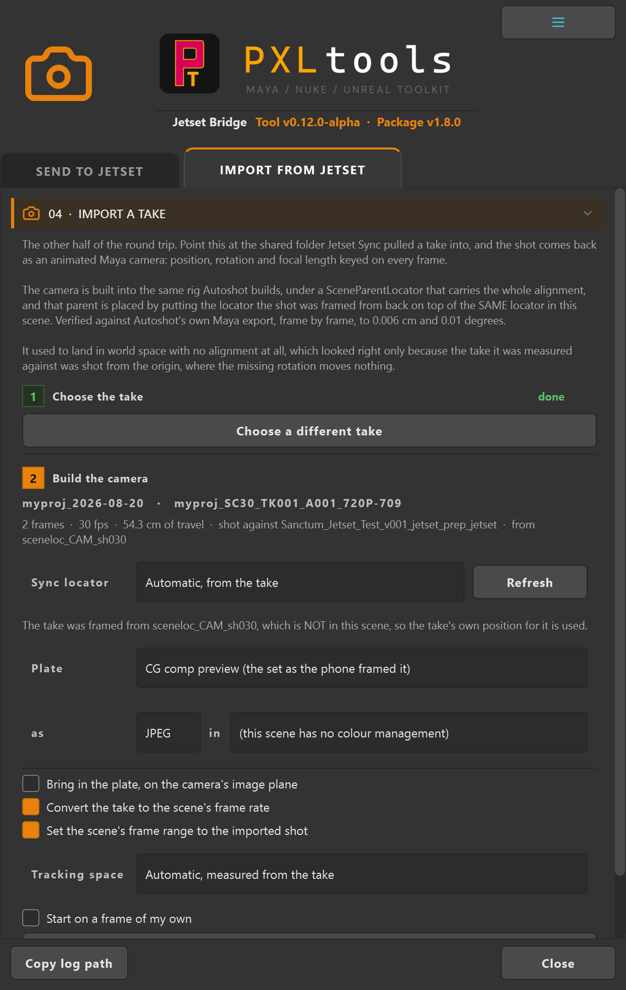 Jetset Bridge IMPORT FROM JETSET tab, section 04 Import a Take, showing the shared folder path row, a list of shots found in the take, and the plate and frame rate import options below
