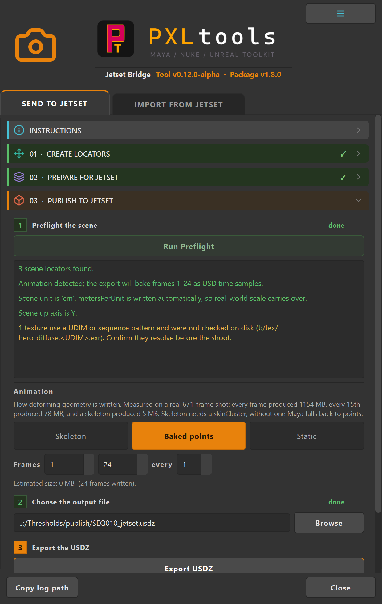 Jetset Bridge panel in Maya showing sections 01 Create Locators and 02 Prepare for Jetset marked done in green, with 03 Publish to Jetset open in orange and a clean preflight report