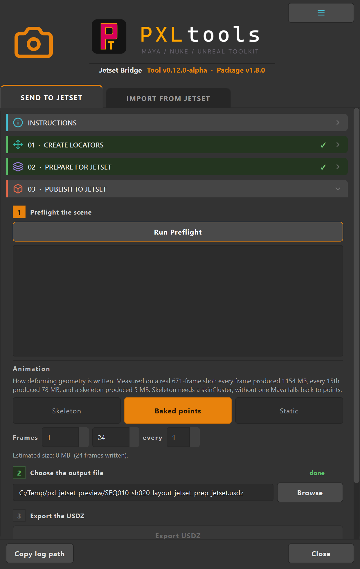 Jetset Bridge section 02 with all prepare steps complete and marked with green ticks, section 03 Publish to Jetset now unlocked below