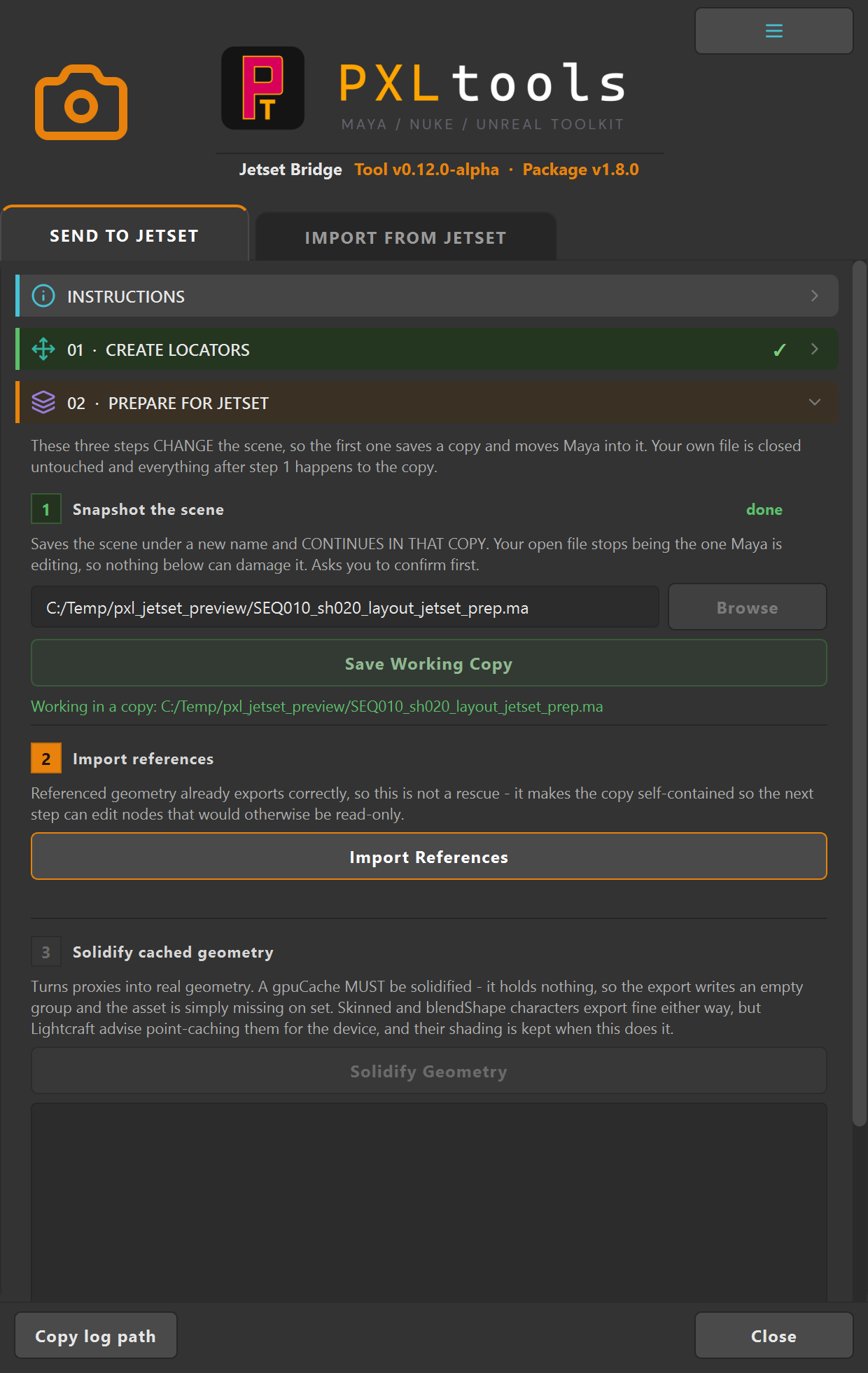 Jetset Bridge section 02 Prepare for Jetset showing the working copy path field with a Browse button and the Save Working Copy button, with the snapshot step marked done