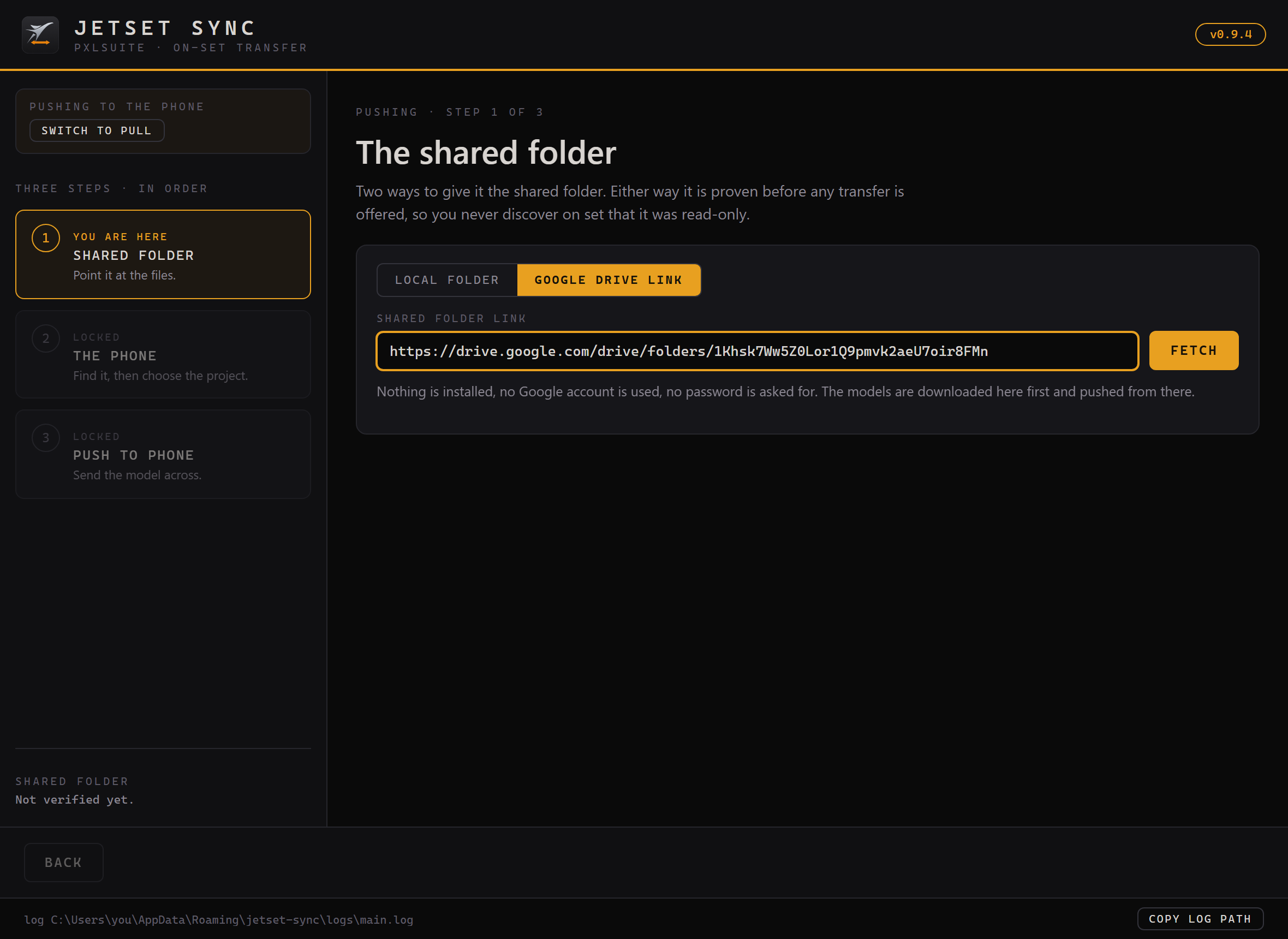 Jetset Sync step one with the Google Drive link tab chosen and a shared folder link pasted, ready to fetch, as an alternative to a folder on this machine