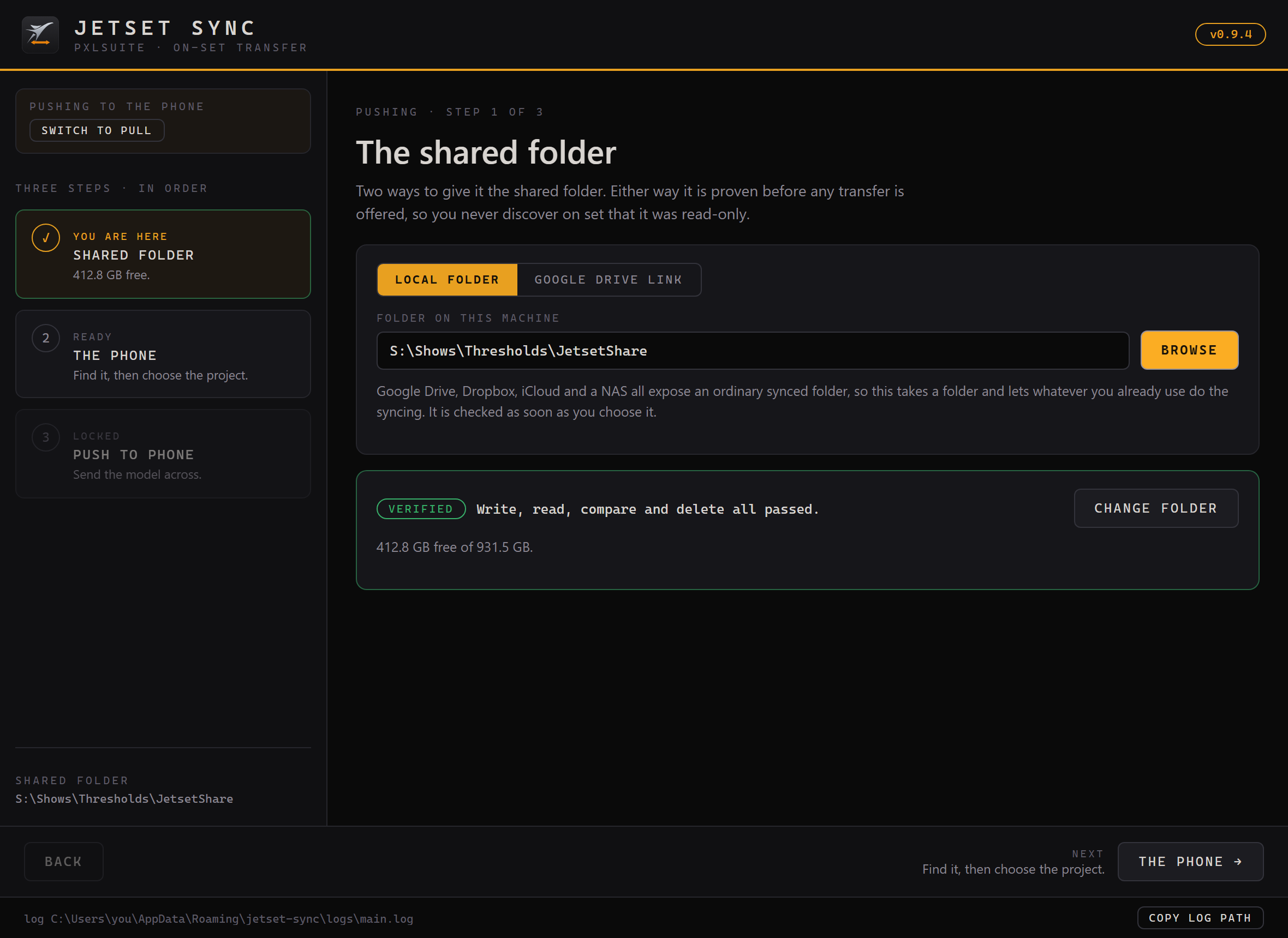 Jetset Sync step one of three with the shared folder proven, the rail entry turned to a green tick reporting the free space, and the next step unlocked
