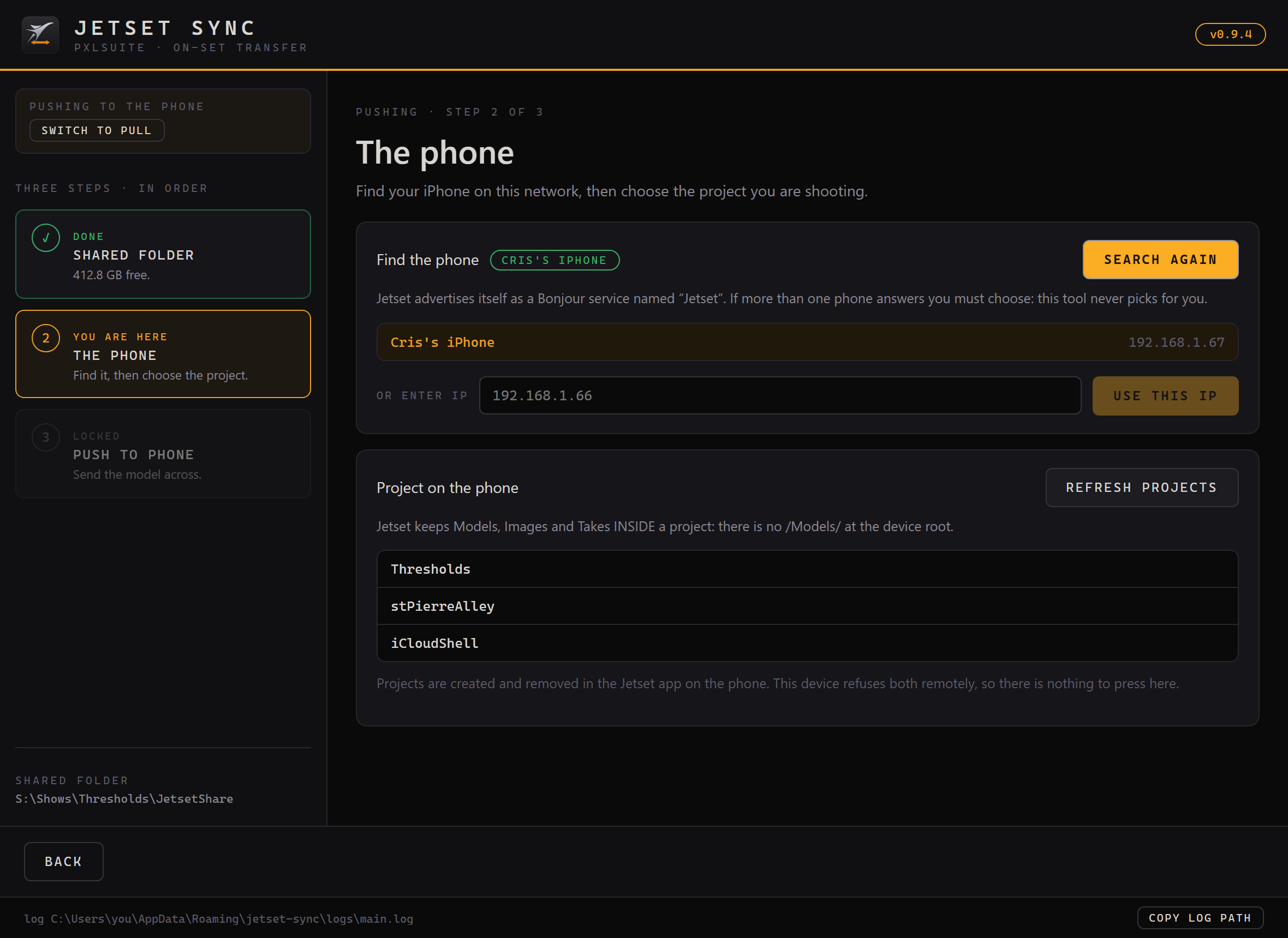 Jetset Sync step two of three, showing the phone found on the network by name and address, a manual IP field as a fallback, and the projects that phone holds listed for choosing