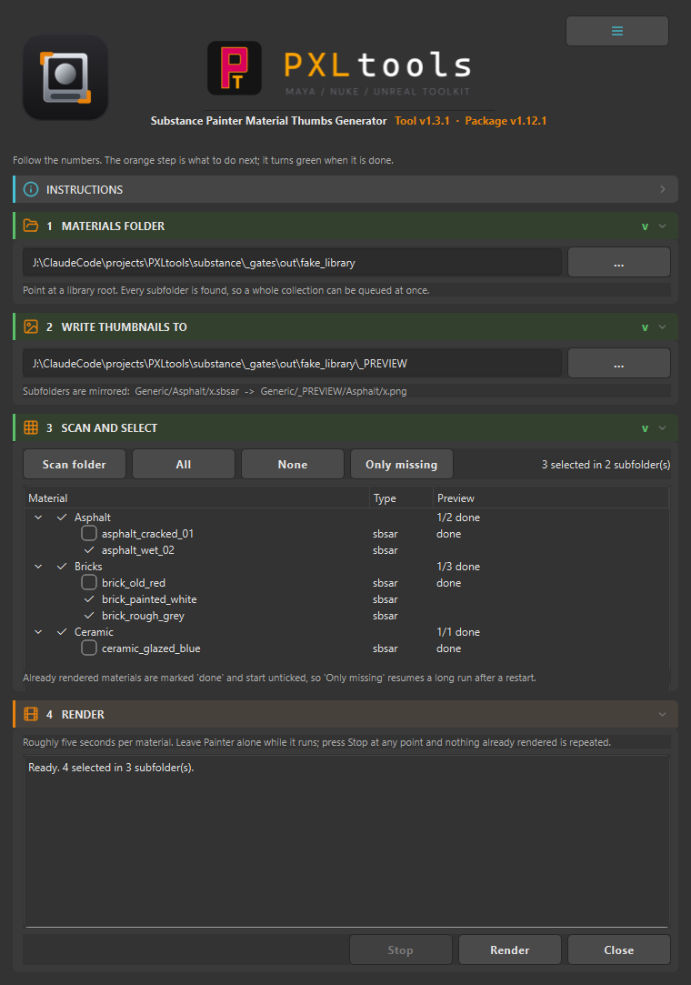 The Material Thumbs interface: PXLtools header, a collapsible instructions panel, and four numbered steps, the first three green and complete with the fourth highlighted orange as the next action