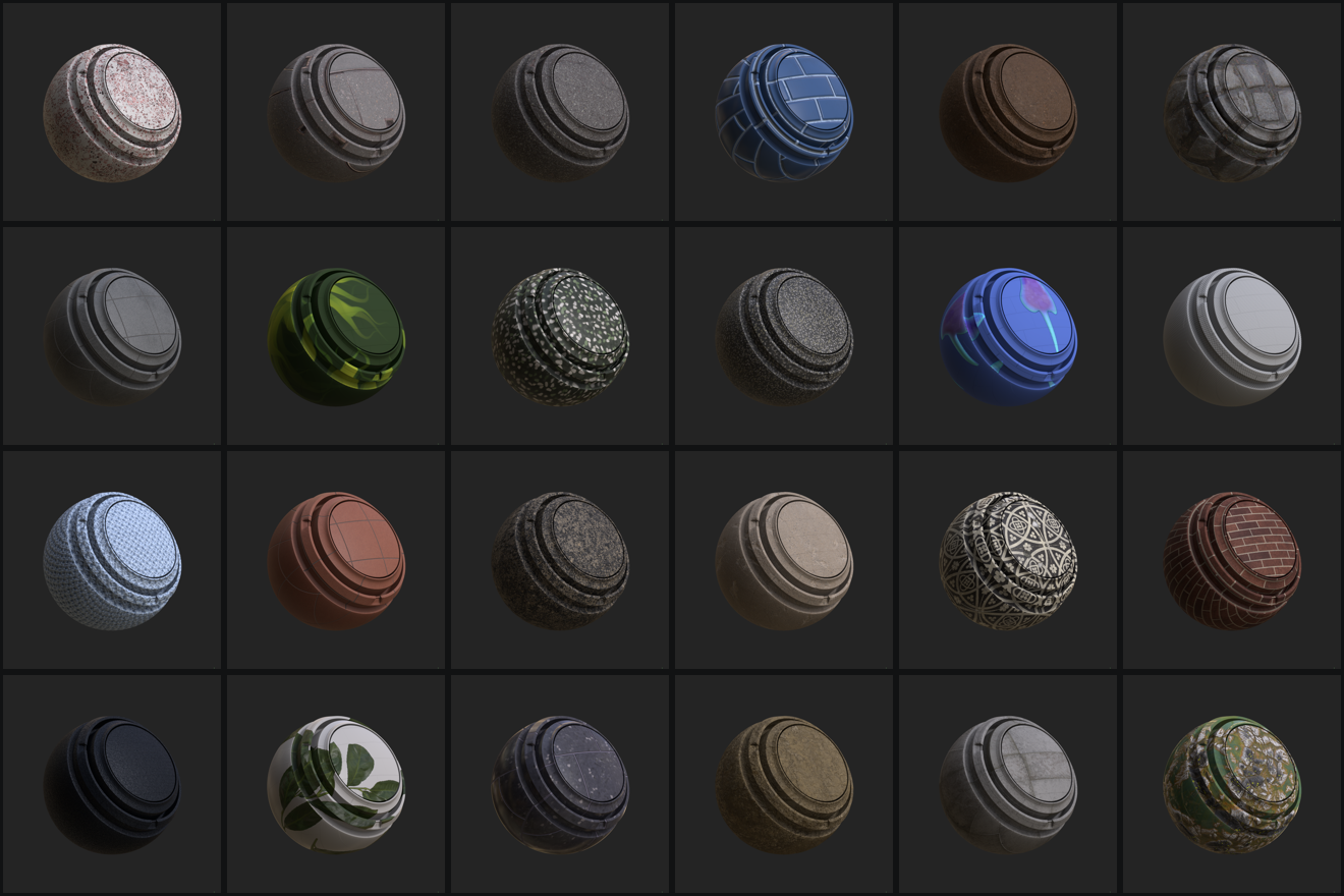 A grid of 24 materials rendered by the tool on the same sphere, with identical framing and lighting, across asphalt, brick, ceramic, concrete, fabric, foliage and ground