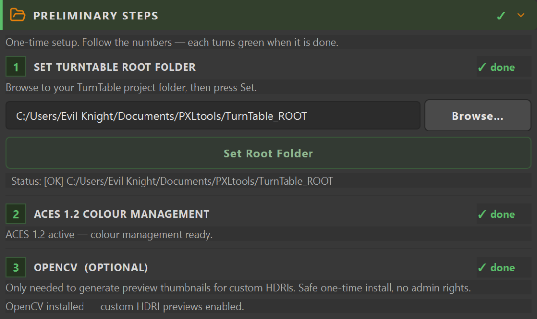TurnTable Builder Folder Setup section: Turntable Root Folder path with Browse and Set Root Folder, an ACES 1.2 colour management status pill, and an OpenCV install row