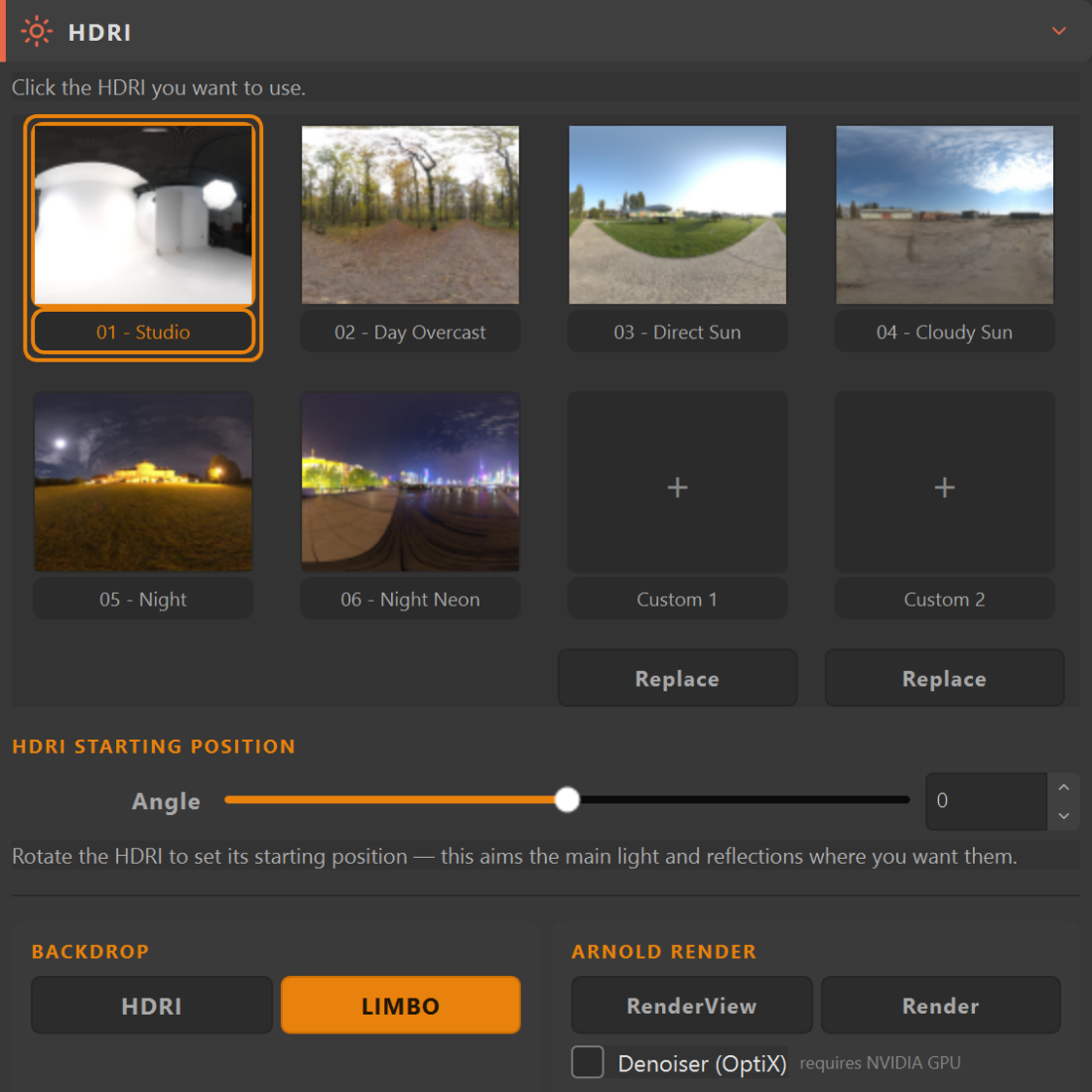 TurnTable Builder HDRI Environment section: rotation slider, a grid of six HDRI slots with the first active, and Replace Active Slot