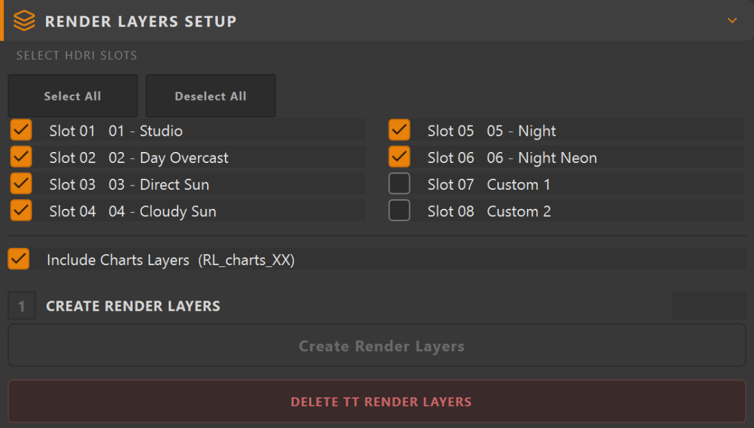 TurnTable Builder Render Layers section: HDRI slot checkboxes, Select All and Deselect All, Include Charts Layers, Create Render Layers, and Delete TT Render Layers
