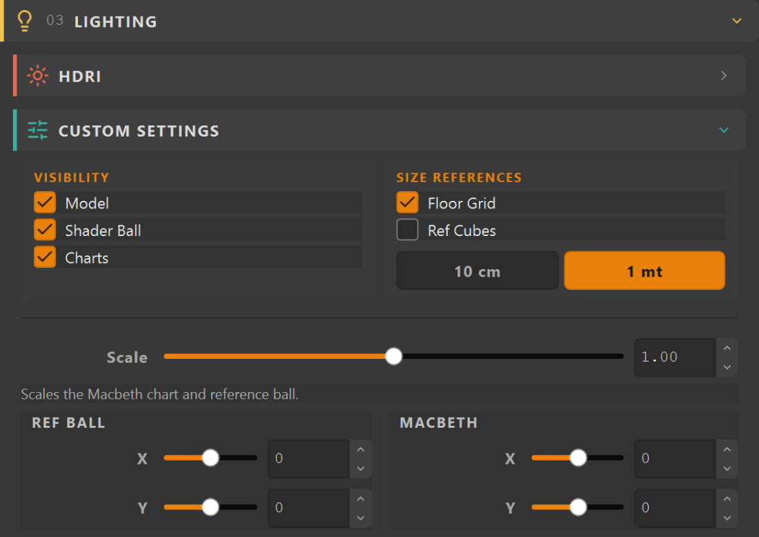 TurnTable Builder Lighting and Visibility section: visibility checkboxes, grid scale toggle 10cm or 1mt, backdrop toggle HDRI or Limbo, and RenderView and Render buttons