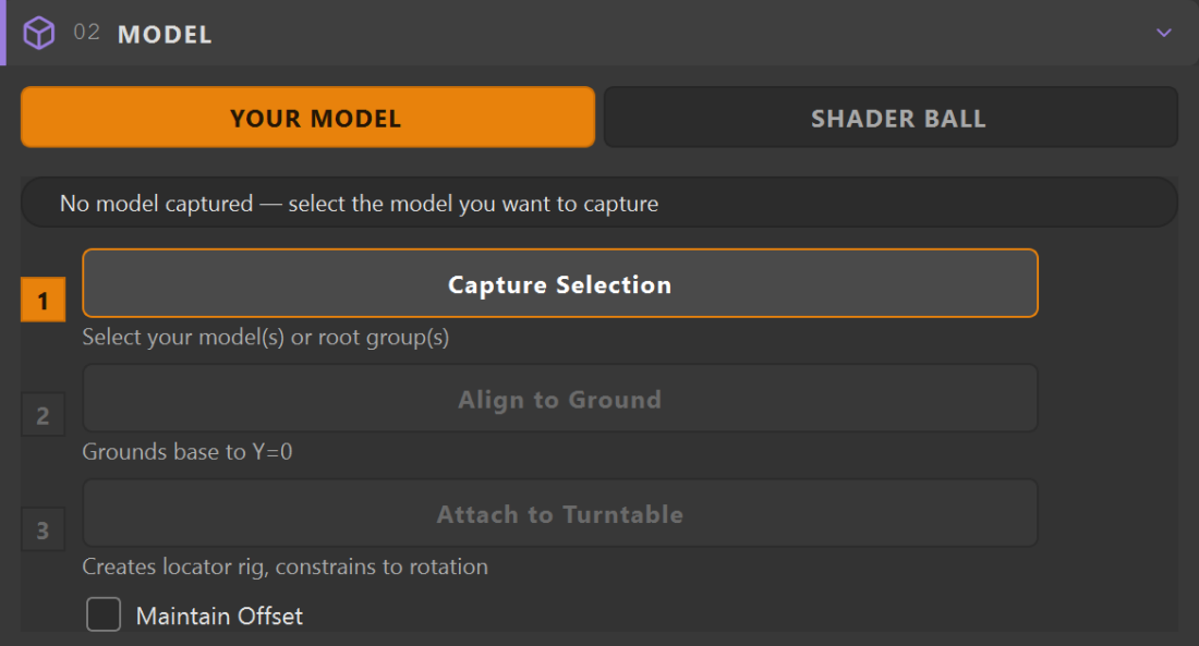 TurnTable Builder Model section: Shader Ball versus Your Model toggle, Capture Selected, and Maintain Offset