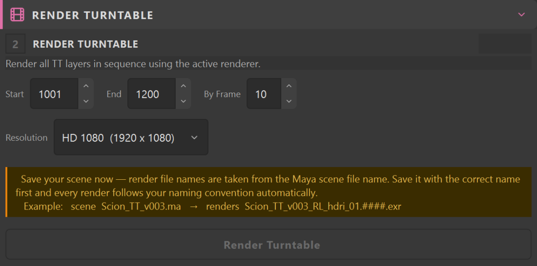 TurnTable Builder Render Turntable section: resolution dropdown and Render Turntable button