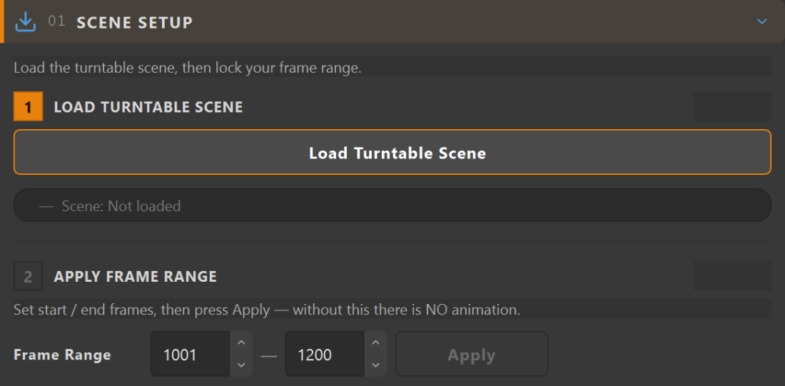 TurnTable Builder Scene and Frames section: Load Turntable Scene button, Frame Start and Frame End sliders, and Apply Frame Range