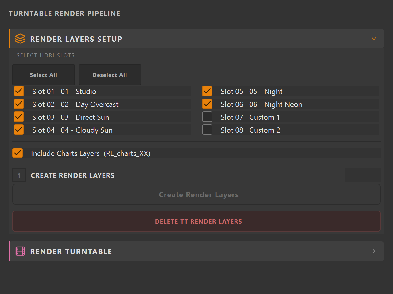 Maya Builder RENDER tab showing HDRI slots including Studio, Day Overcast, Direct Sun, Cloudy Sun, Night, Night Neon, and two custom slots, plus the Create Render Layers button