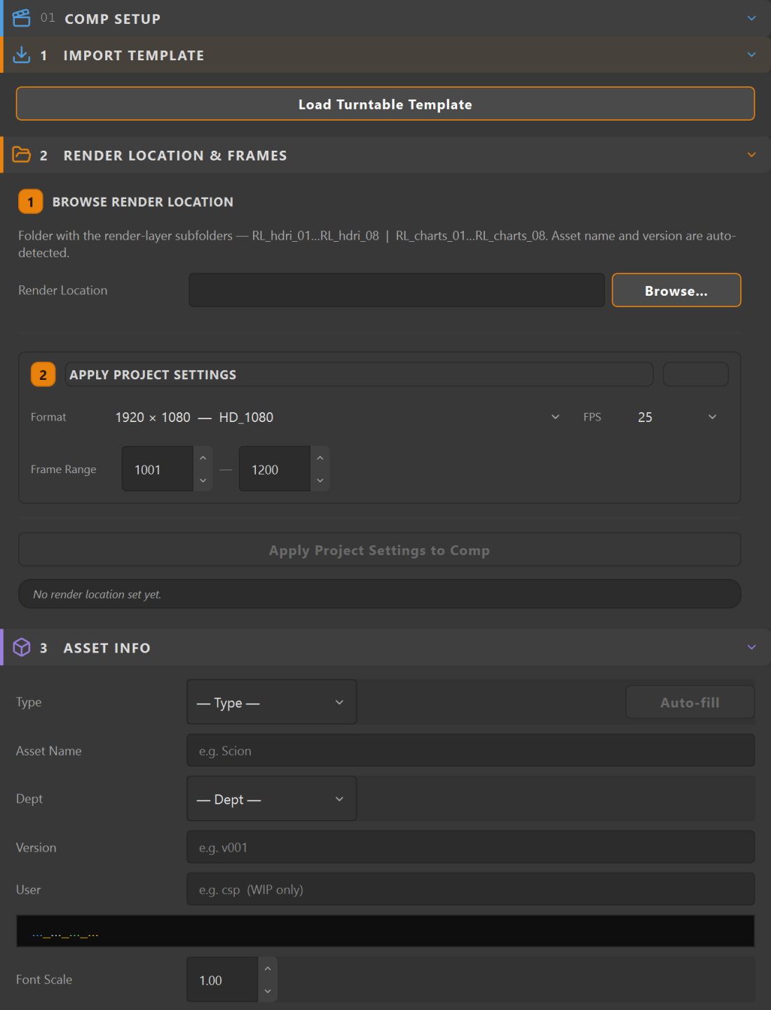 Nuke Comp Setup section: Import Template, Render Location and Frames with format and frame range, and Asset Info fields for Type, Asset Name, Dept, Version and User