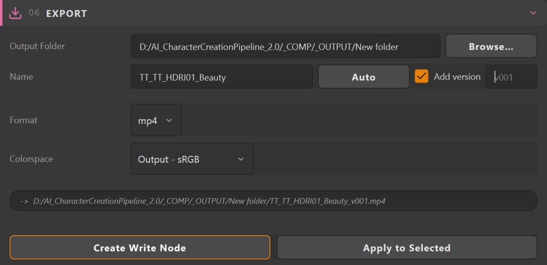 Nuke Export section: Output Folder with Browse, Name with Auto and Add version, Format and Colorspace dropdowns, and Create Write Node and Apply to Selected buttons