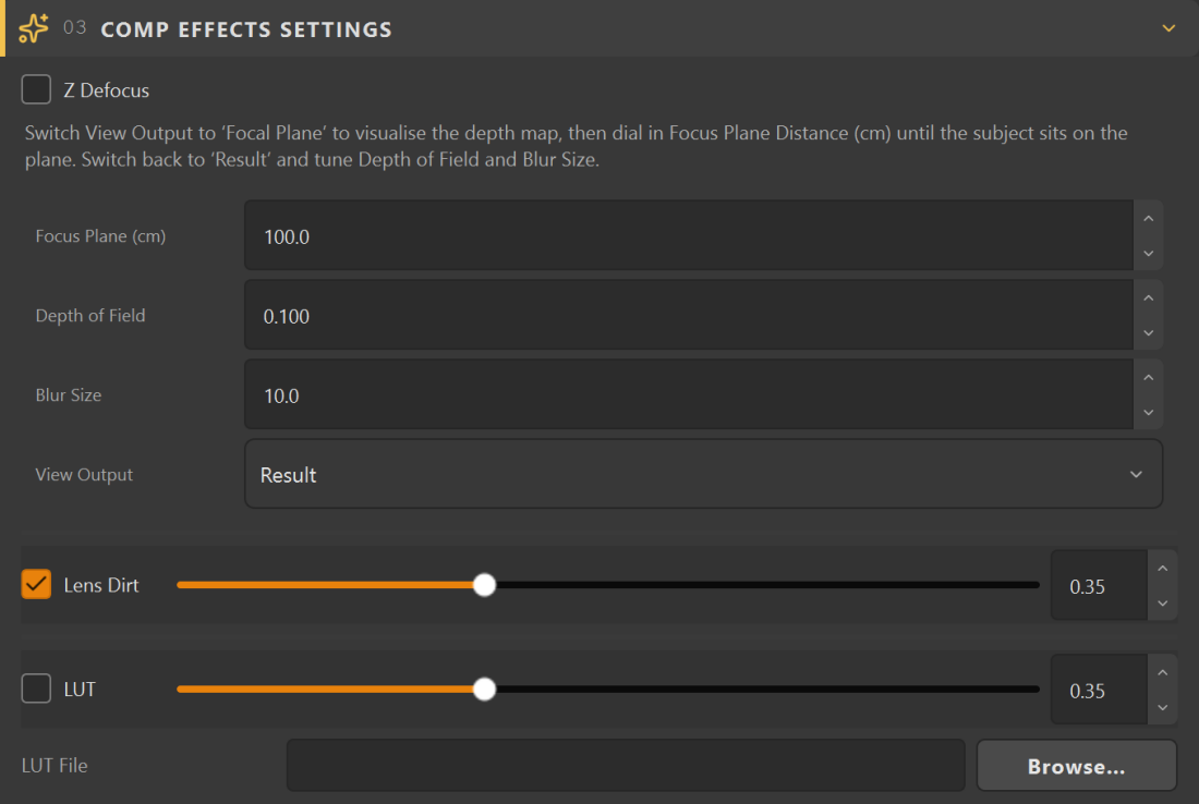 Nuke Comp Effects Settings section: Z Defocus with Focus Plane, Depth of Field, Blur Size and View Output, plus Lens Dirt and LUT strength sliders and a LUT File browse