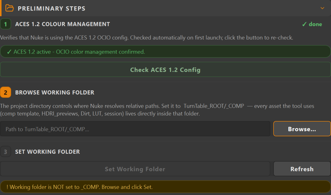 Nuke TurnTable Comp Setup Preliminary Steps: ACES 1.2 colour management check marked done, Browse Working Folder active, and Set Working Folder locked
