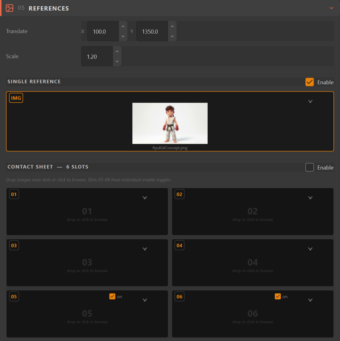 Nuke References section: Translate and Scale controls, a single large reference image slot with a loaded concept image, and a six-slot contact sheet