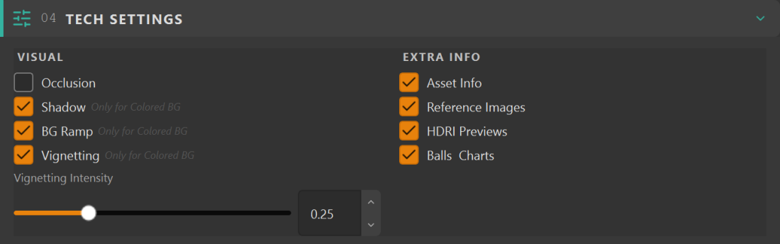 Nuke Tech Settings section: Visual toggles for Occlusion, Shadow, BG Ramp and Vignetting with intensity, and Extra Info toggles for Asset Info, Reference Images, HDRI Previews and Balls and Charts