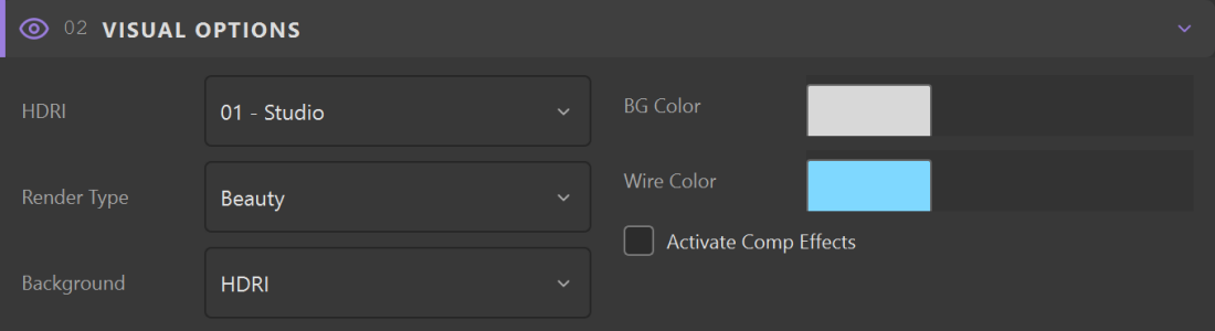 Nuke Visual Options section: HDRI, Render Type and Background dropdowns, BG Color and Wire Color swatches, and an Activate Comp Effects checkbox