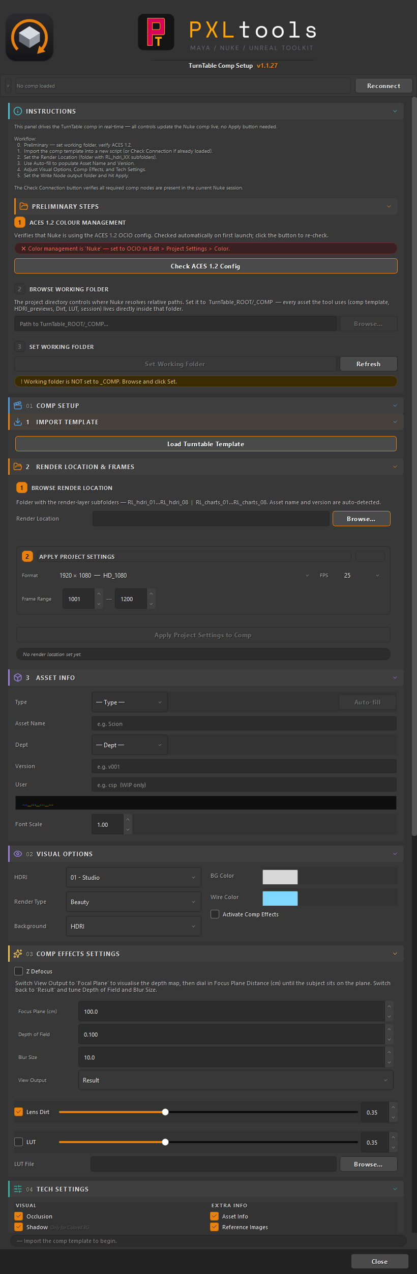 Full Nuke TurnTable Comp Setup interface showing all sections: Preliminary Steps, Comp Setup, Visual Options, Comp Effects Settings, and Export