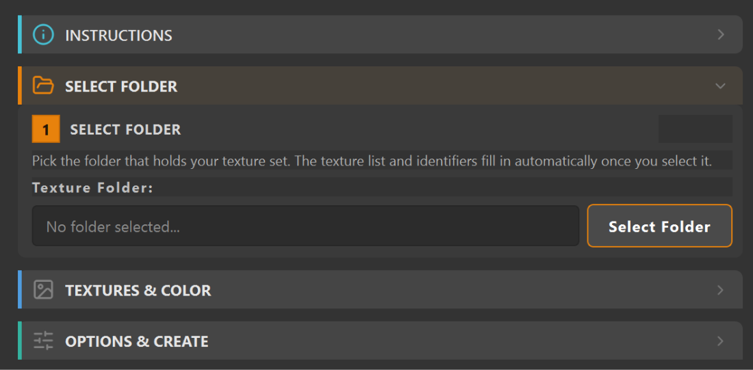 PBR Material v1.2.0 Create Material tab showing the gated 3-step flow: Instructions, Step 1 Select Folder (active), Step 2 Textures and Color, Step 3 Options and Create