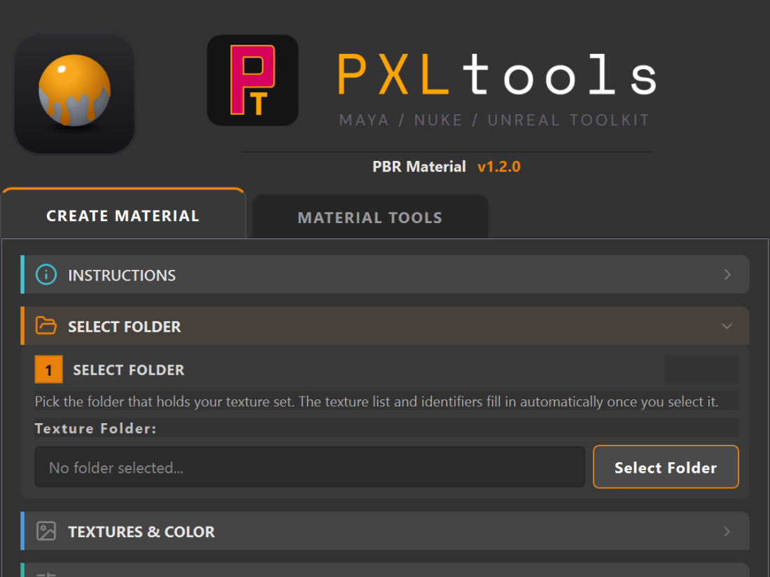 PBR Material v1.2.0 interface — Create Material tab with the gated step flow