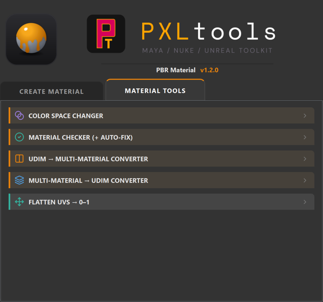 PBR Material v1.2.0 Material Tools tab showing the five collapsed sections: Color Space Changer, Material Checker, UDIM to Multi-Material Converter, Multi-Material to UDIM Converter, and Flatten UVs