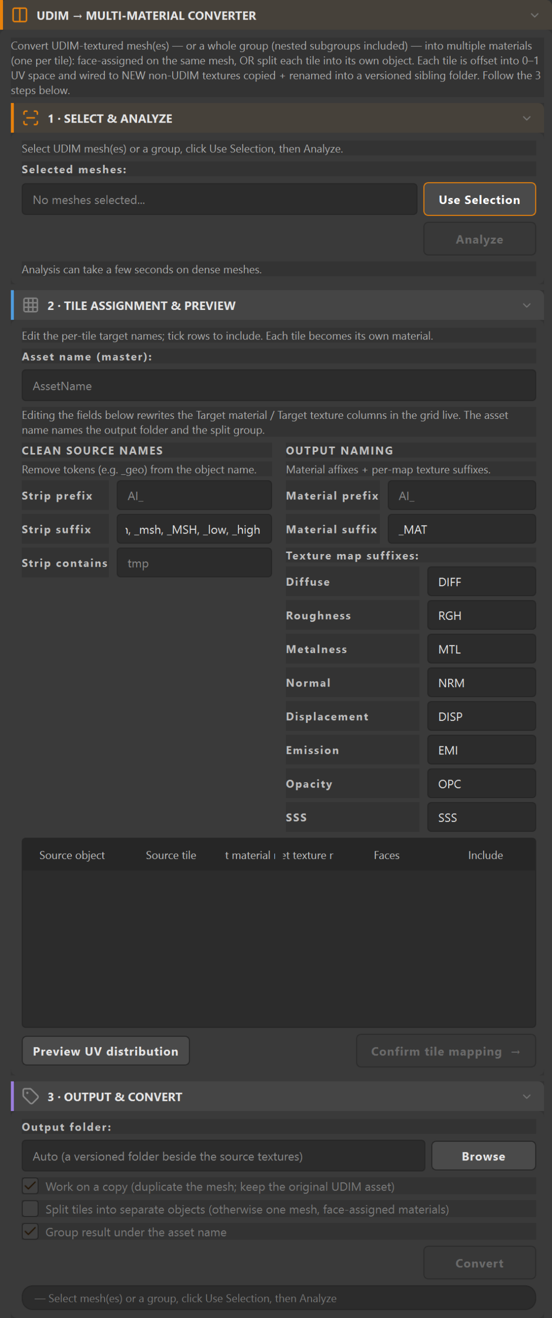PBR Material UDIM to Multi-Material converter (Direction A) — all three phases expanded: Select and Analyze, Tile Assignment and Preview with the naming-convention panel, and Output and Convert with the work-on-a-copy and split-tiles toggles