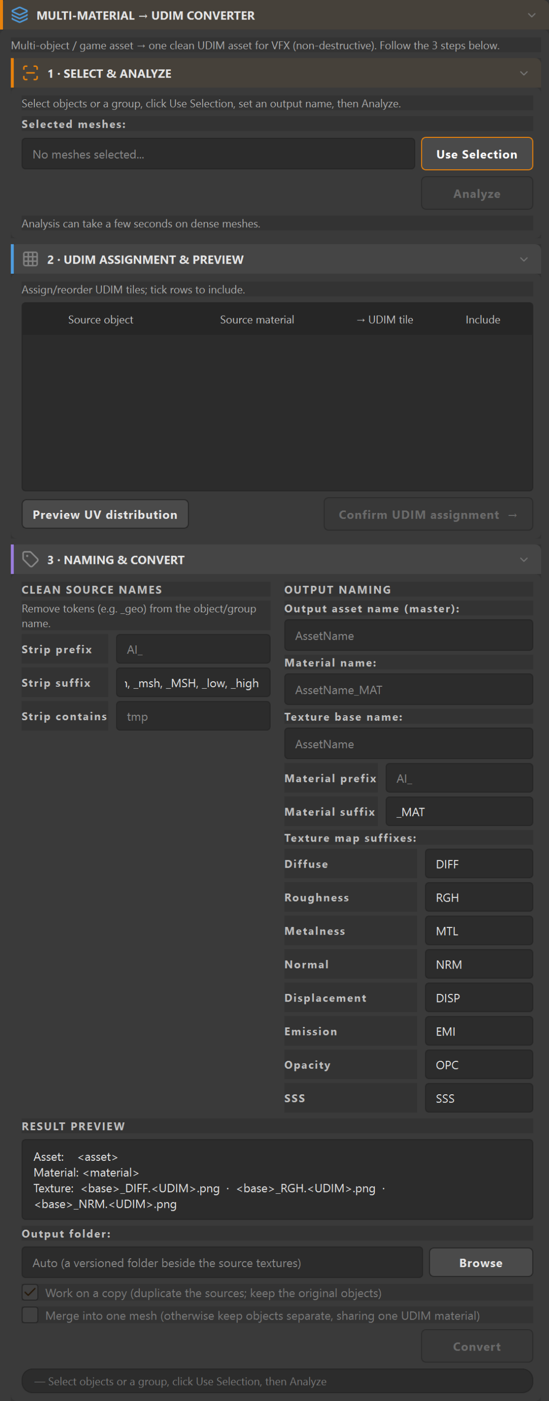 PBR Material Multi-Material to UDIM converter (Direction B) — all three phases expanded: Select and Analyze, UDIM Assignment and Preview, and Naming and Convert with the result preview and merge toggle