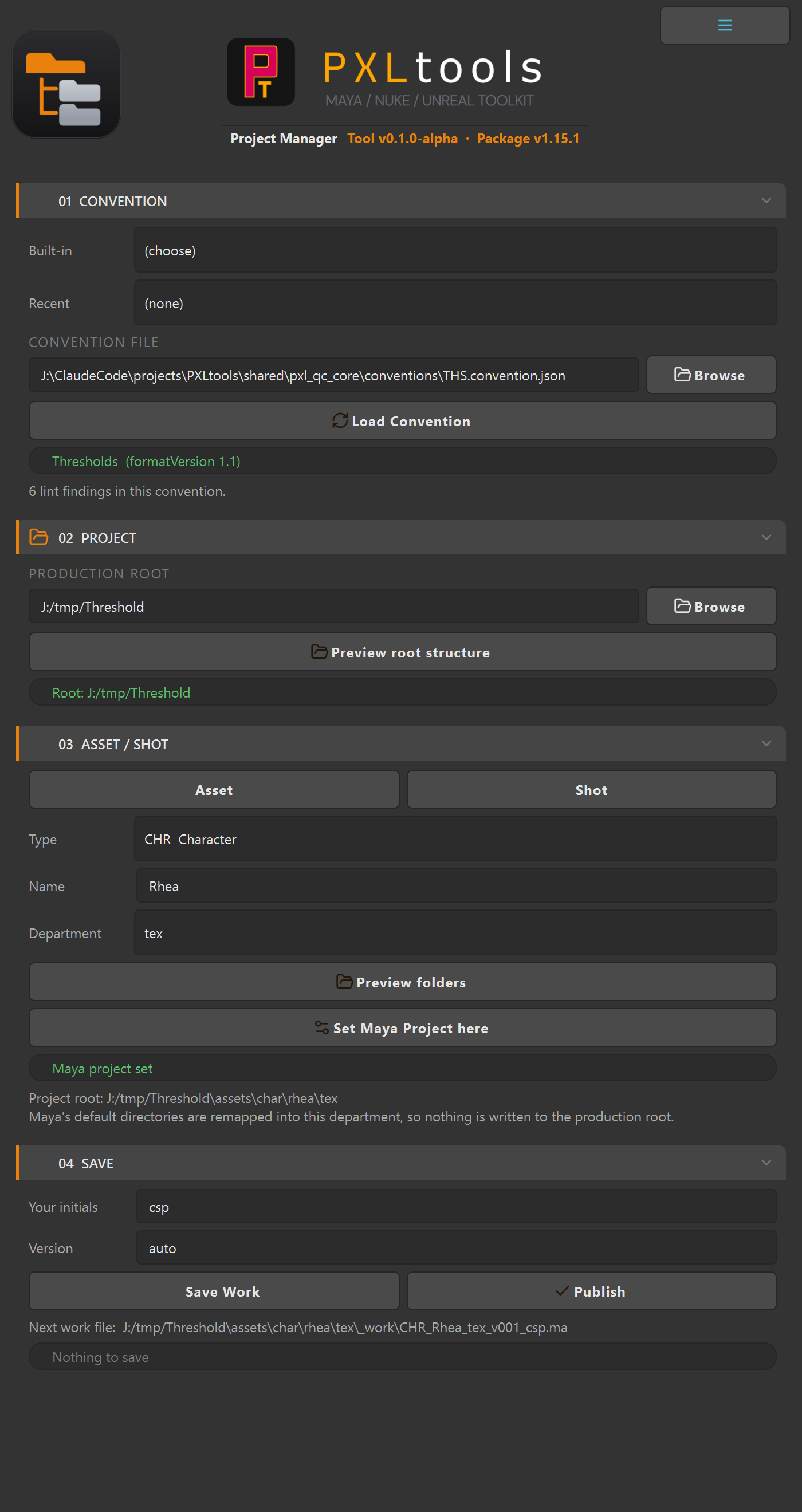 Project Manager panel in Maya showing the Convention, Project, Asset and Save sections, with a Thresholds convention loaded and the next work file path resolved