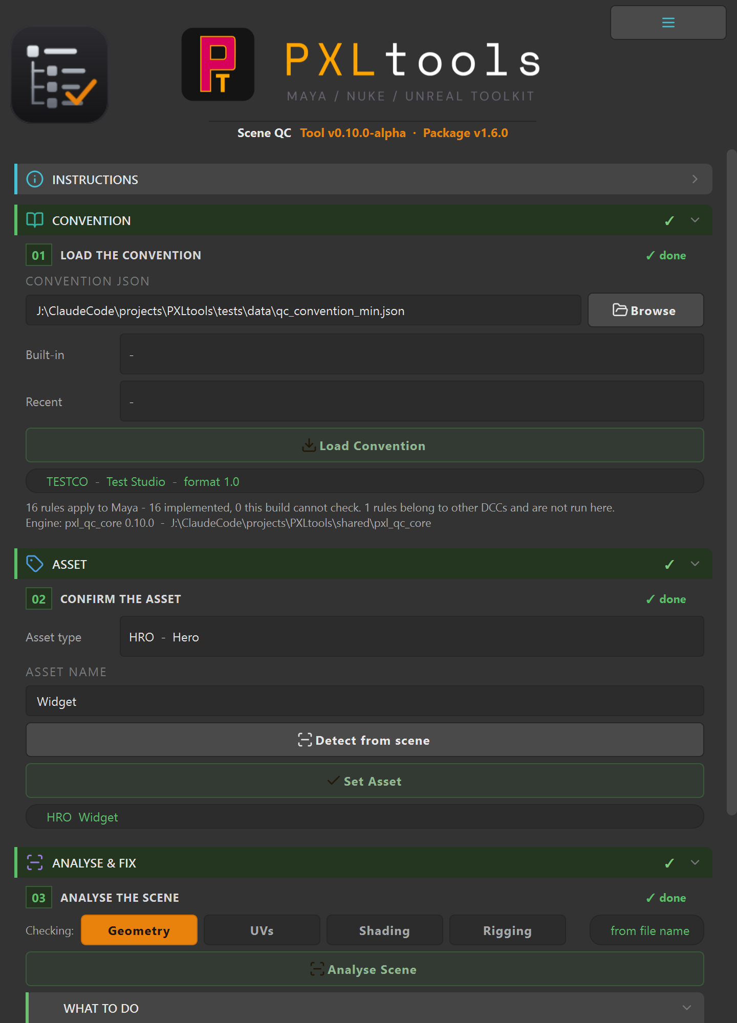 Scene QC Asset section with the asset name set and the step marked done