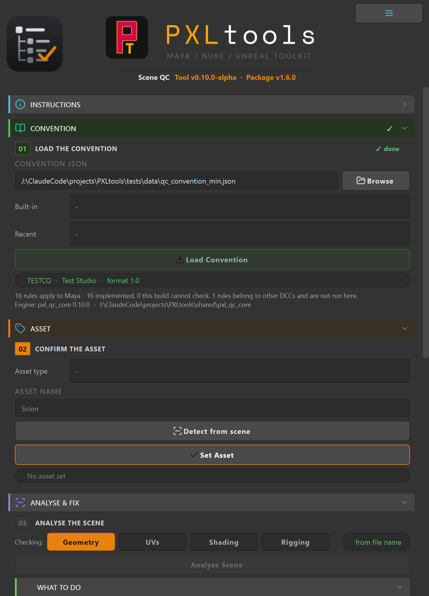 Scene QC Convention section with a convention loaded and the step marked done in green