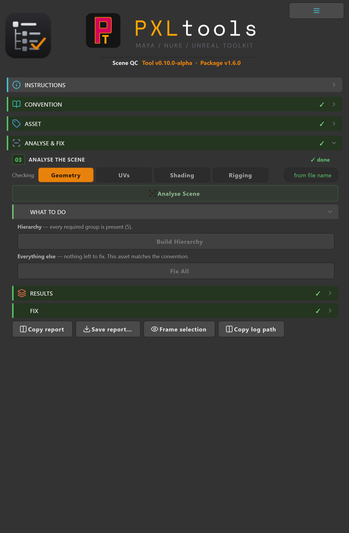 Scene QC after applying fixes, with the results panel showing the remaining findings resolved