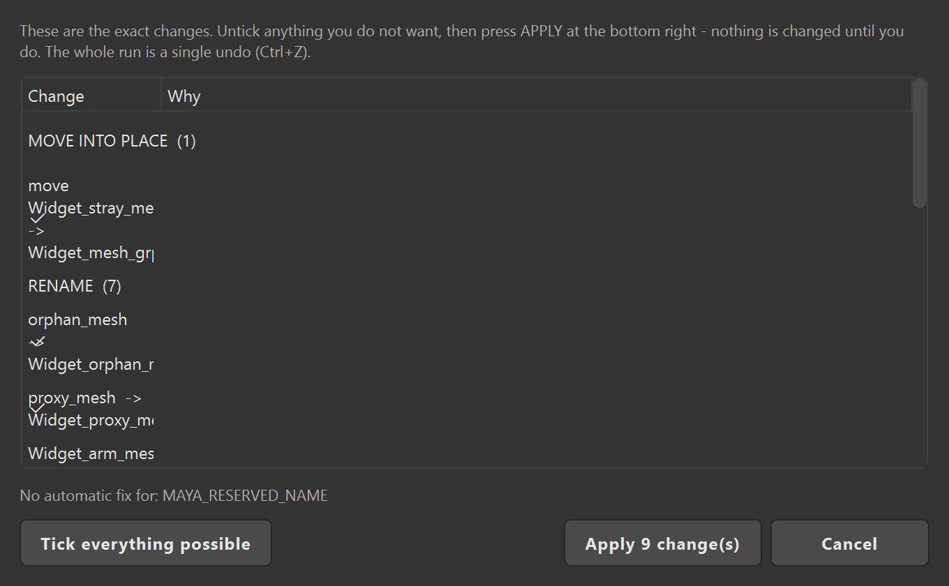 Scene QC fix preview dialog listing the renames and reparents that would be applied before anything changes
